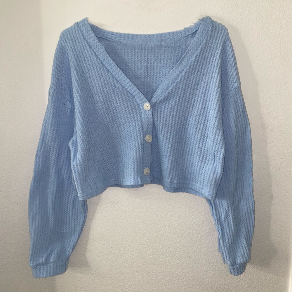 Brand New! Baby Blue Cropped Waffle Knit Sweater